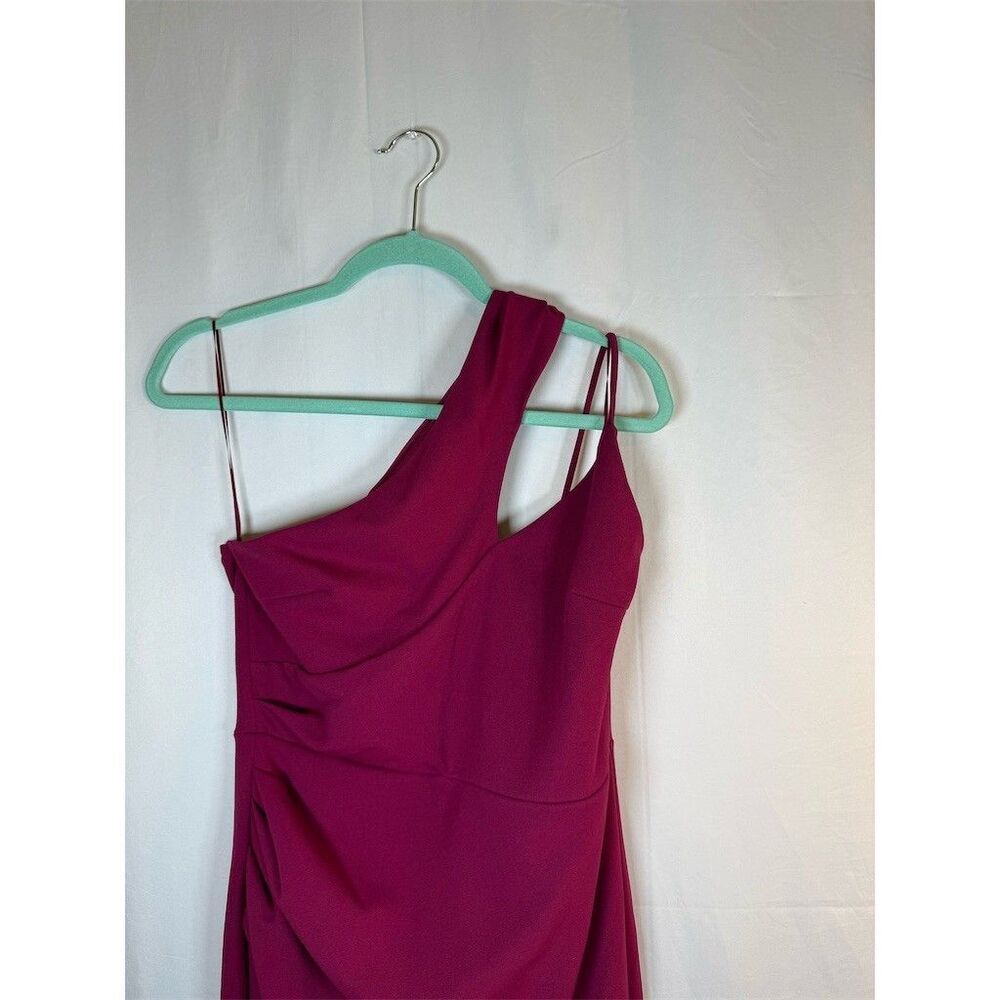 Womens Lena One Shoulder Bodycon Midi Dress Pink Ruched Wrap Front Slit Size M - Picture 2 of 10